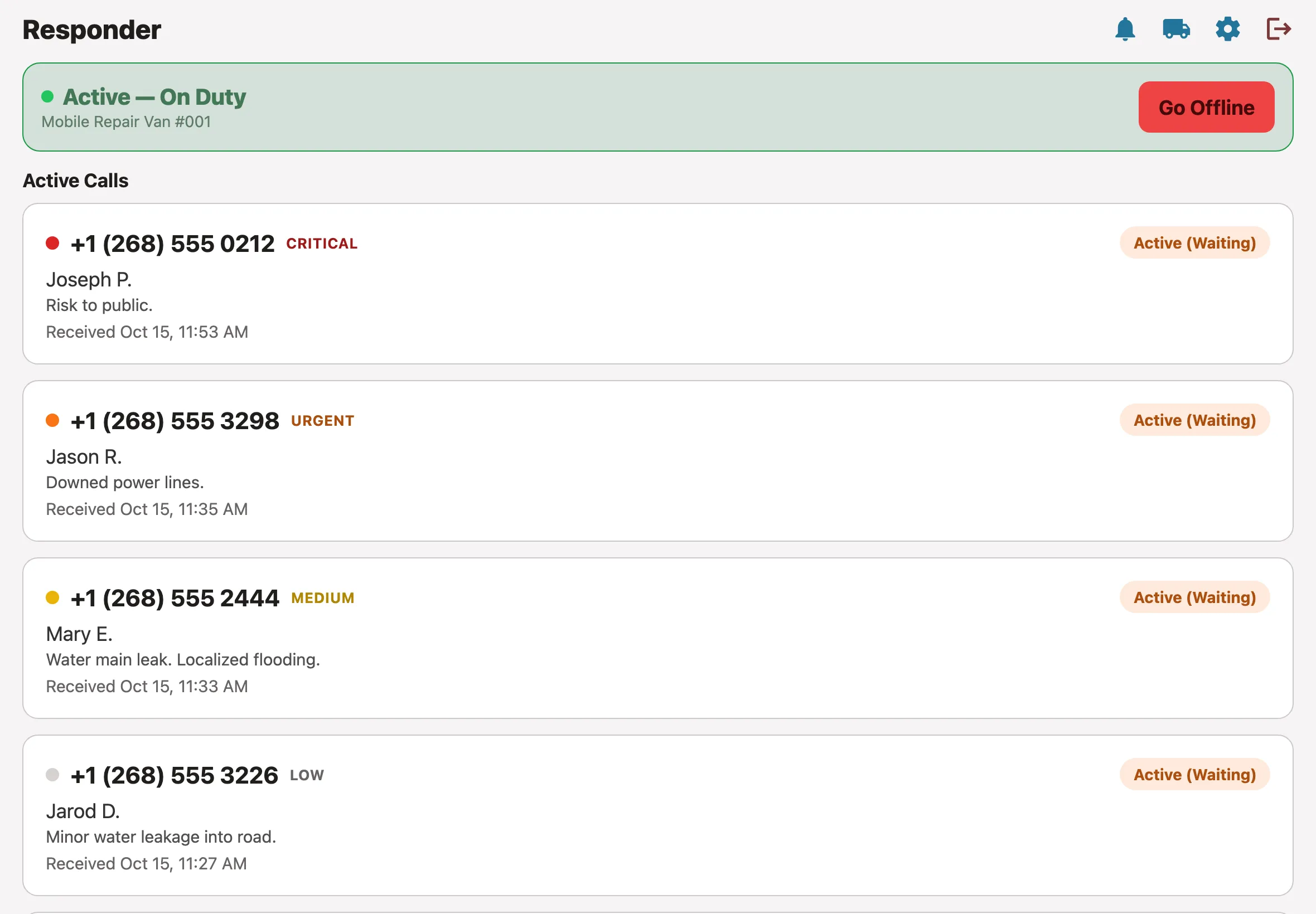 The responder app, listing a crew’s active calls by priority