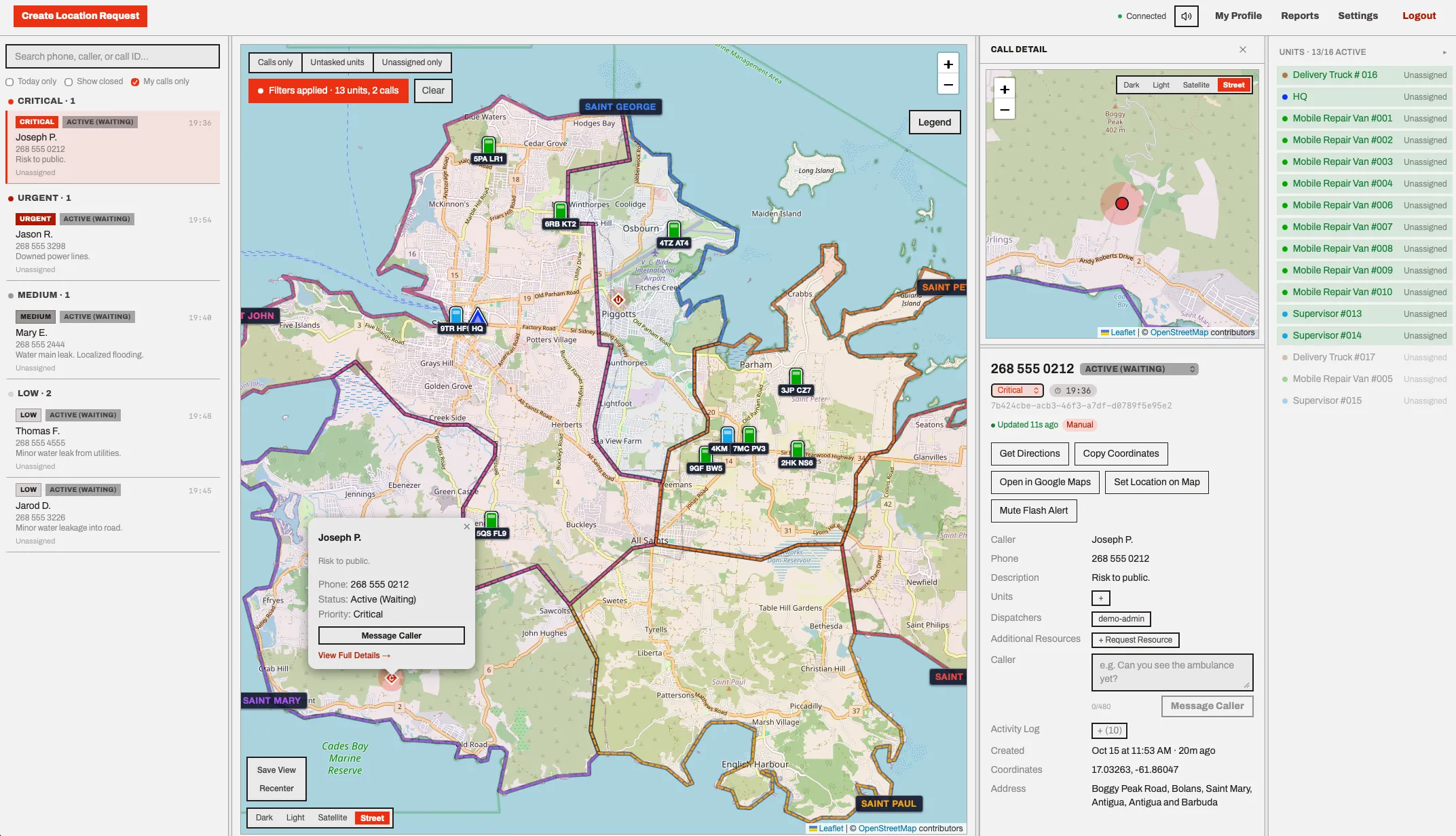 The Pocket Dispatch console, with a live map of field units and callers beside a priority triage queue