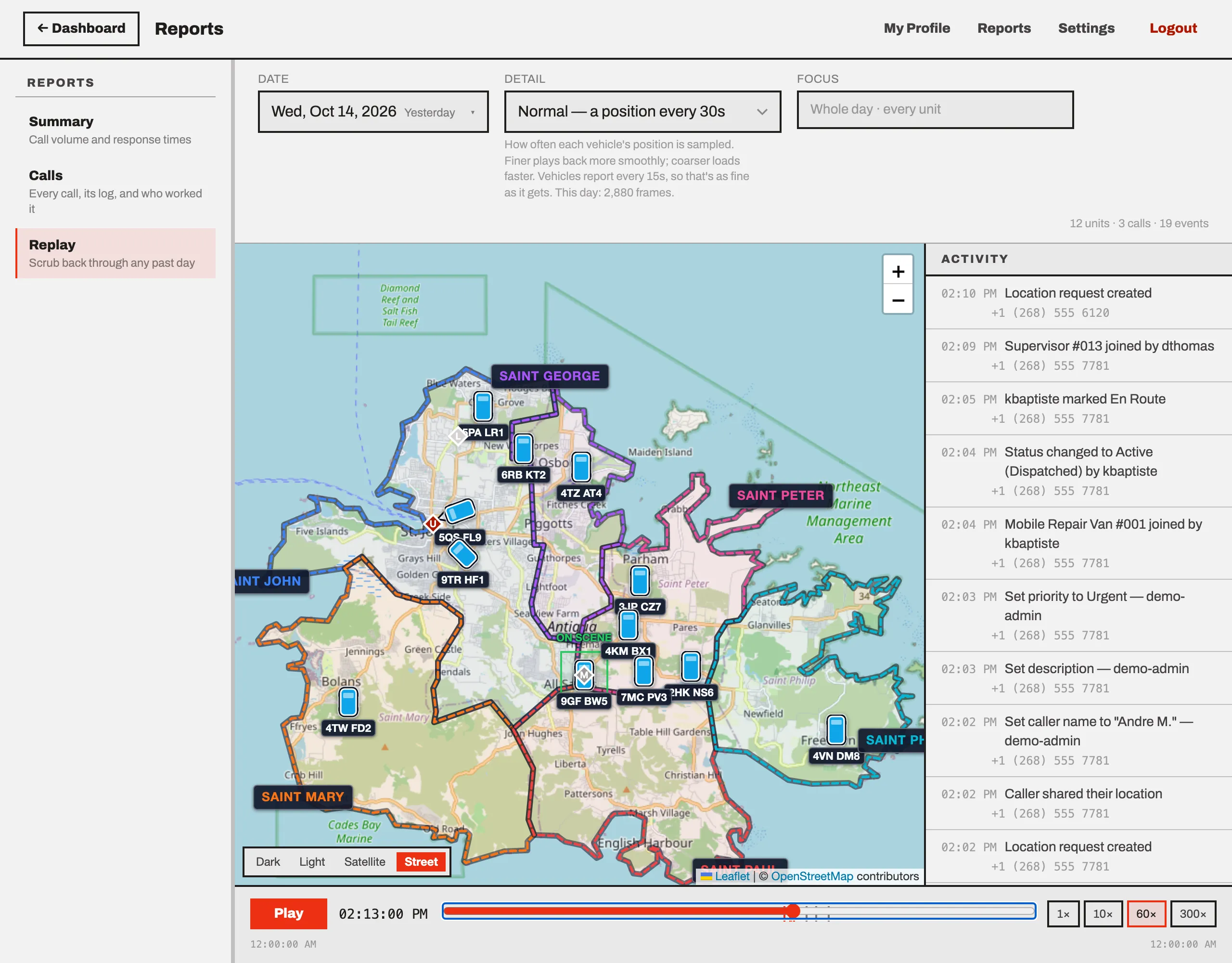 Call replay in the reports view, retracing a response on the map