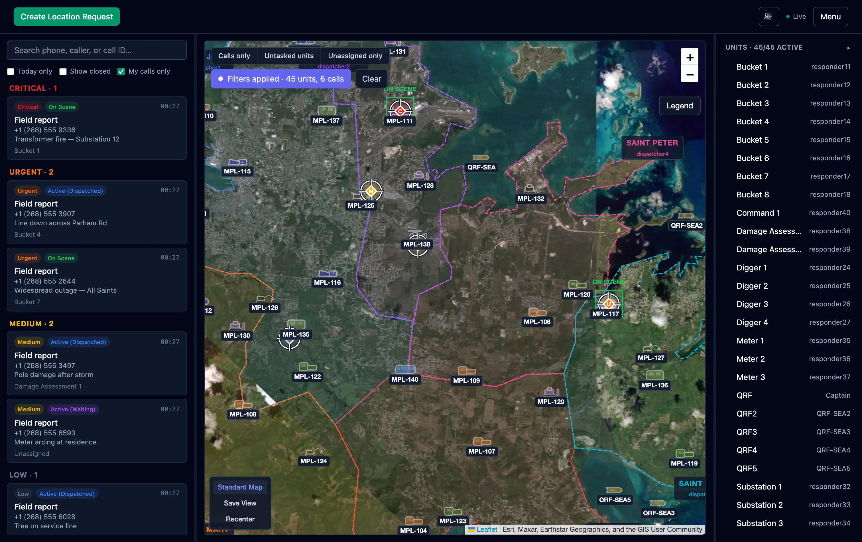 Satellite view during a storm response, with dozens of utility crews on the map