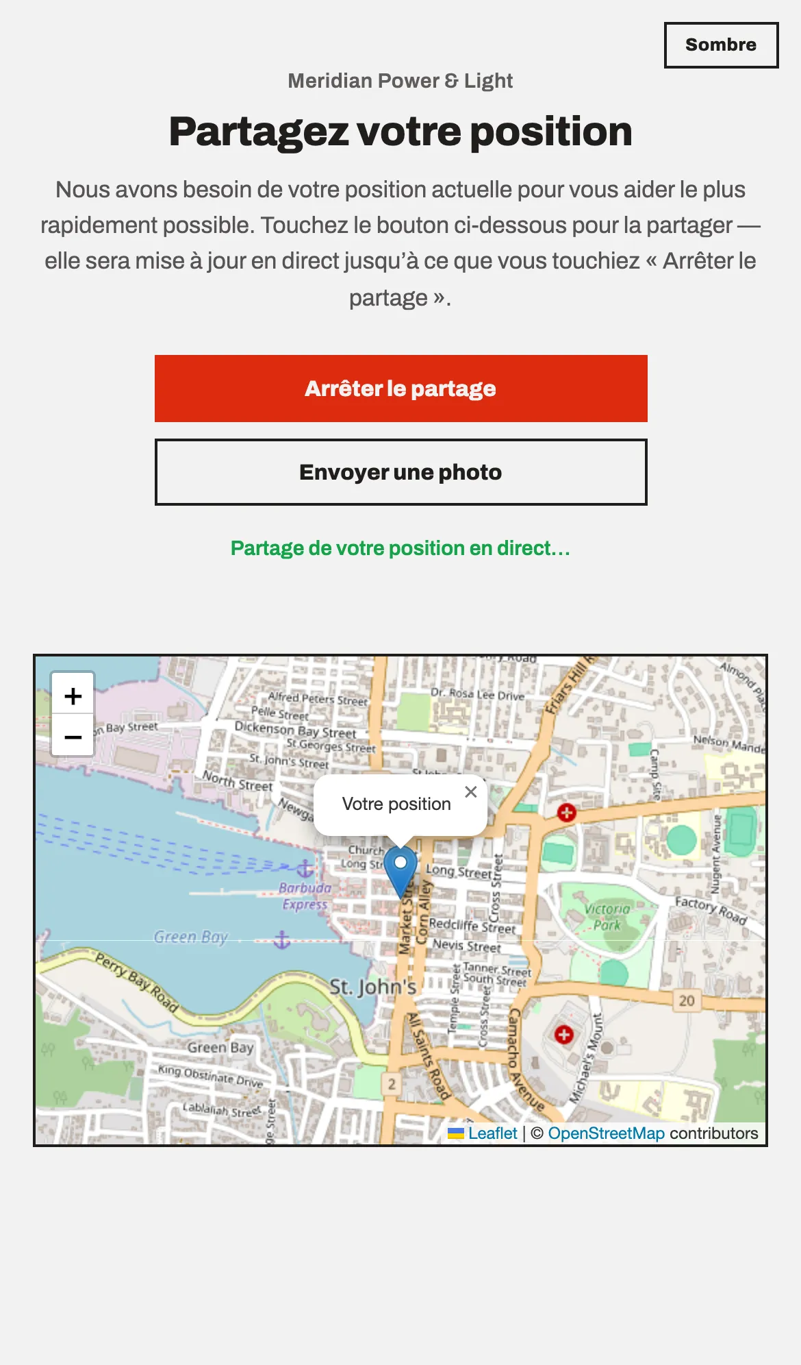 La page qu’un appelant ouvre à partir du texto, qui partage sa position en direct