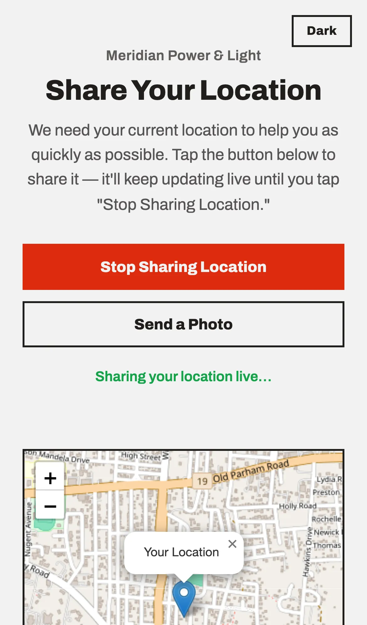 The page a caller opens from the text message, sharing their live location