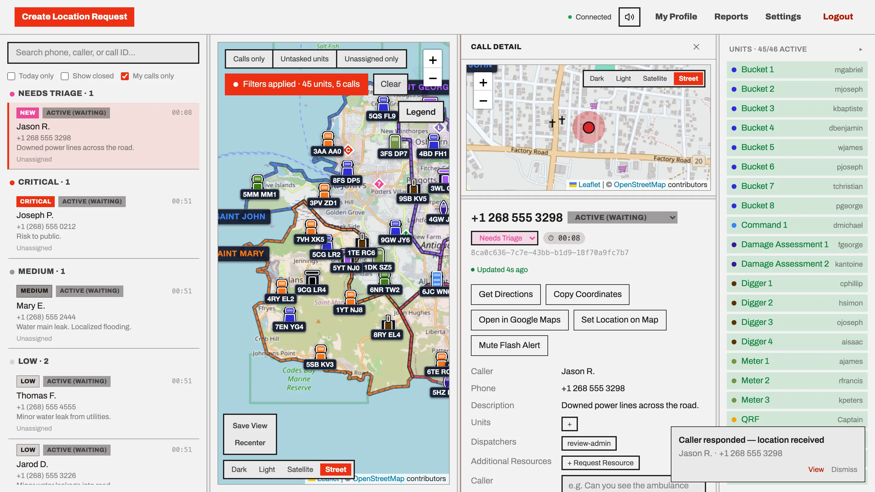 Pocket Dispatch: a caller’s live location pinned on the dispatch map, with the call details beside it