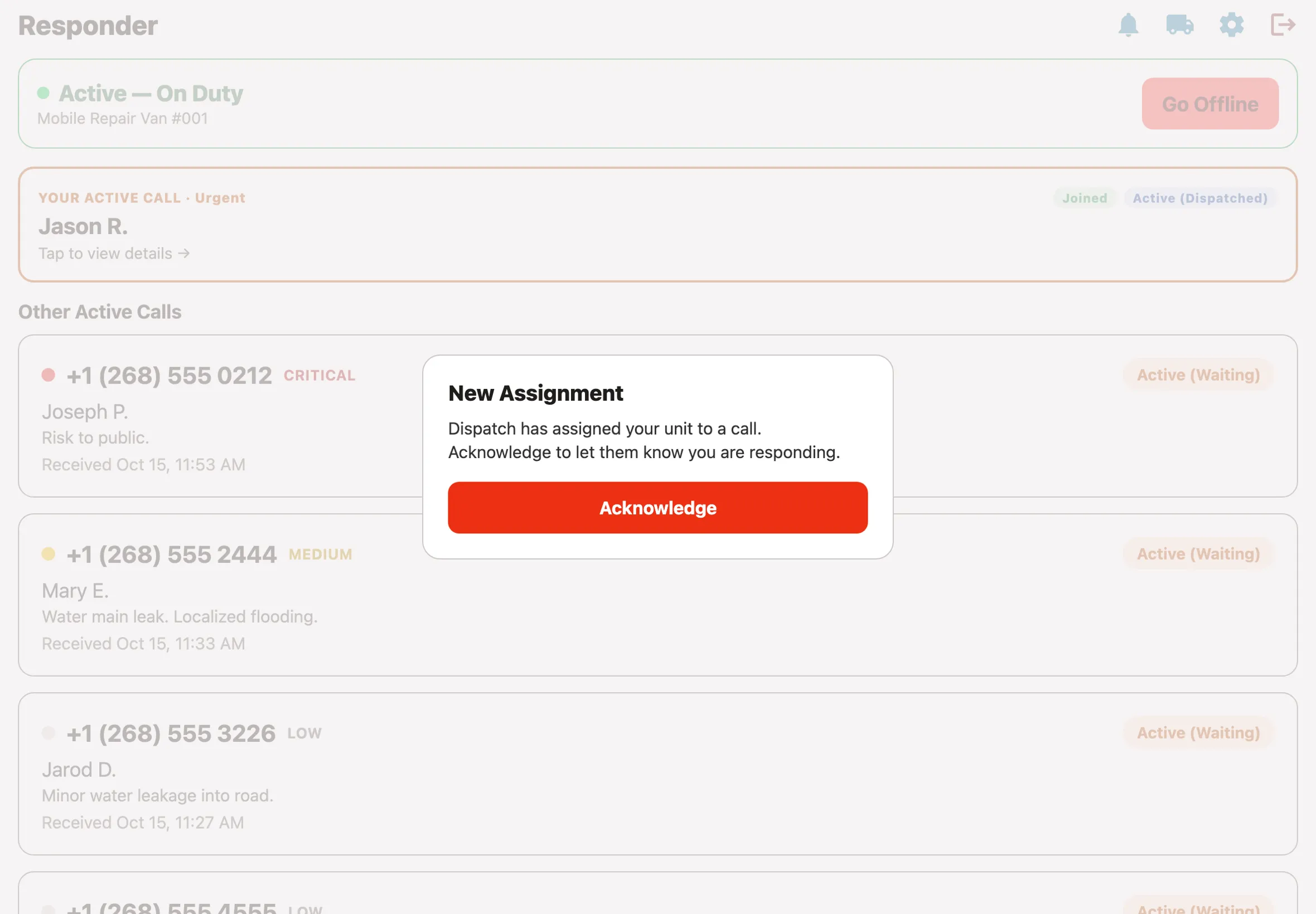 A new assignment alert in the responder app