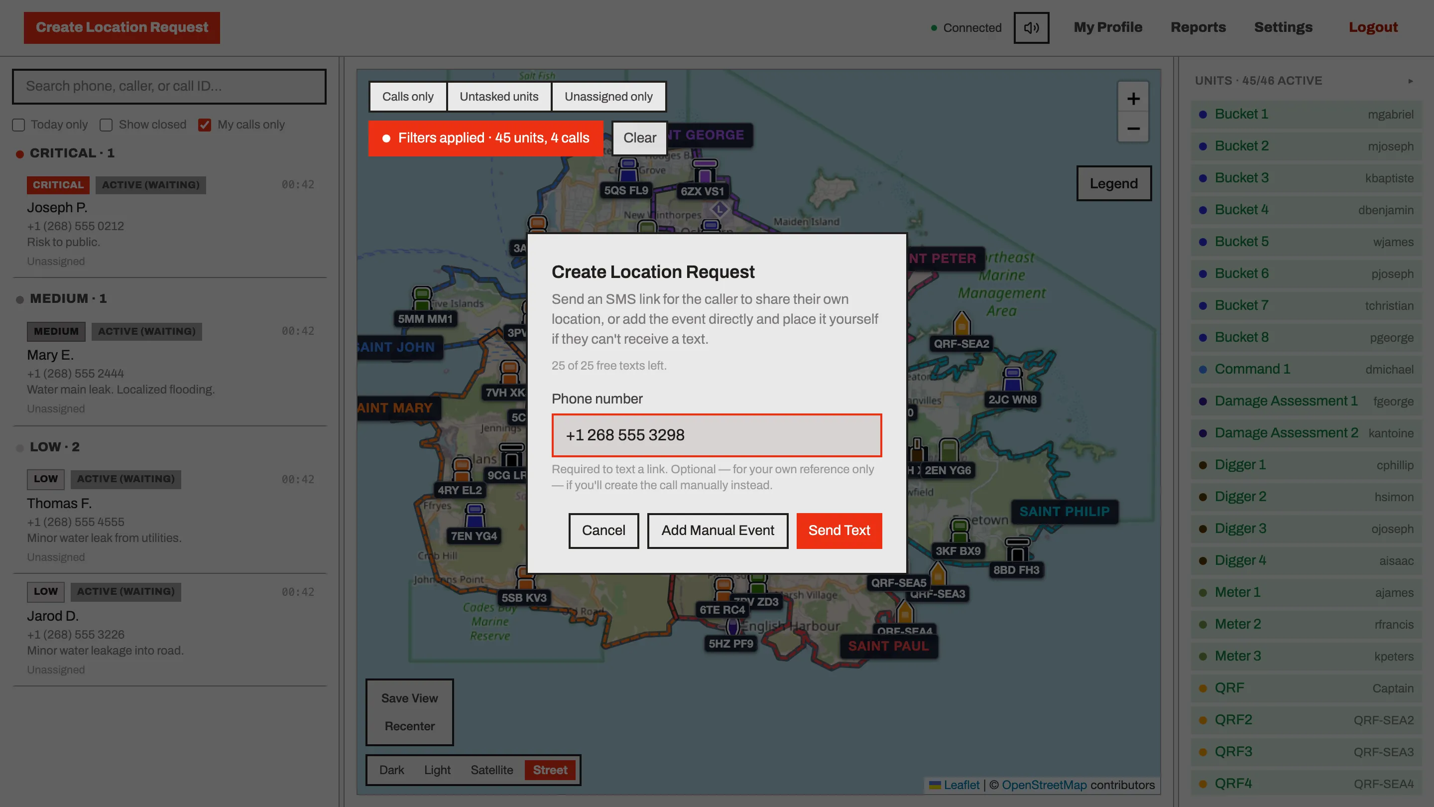 The Create Location Request dialog in the Pocket Dispatch console